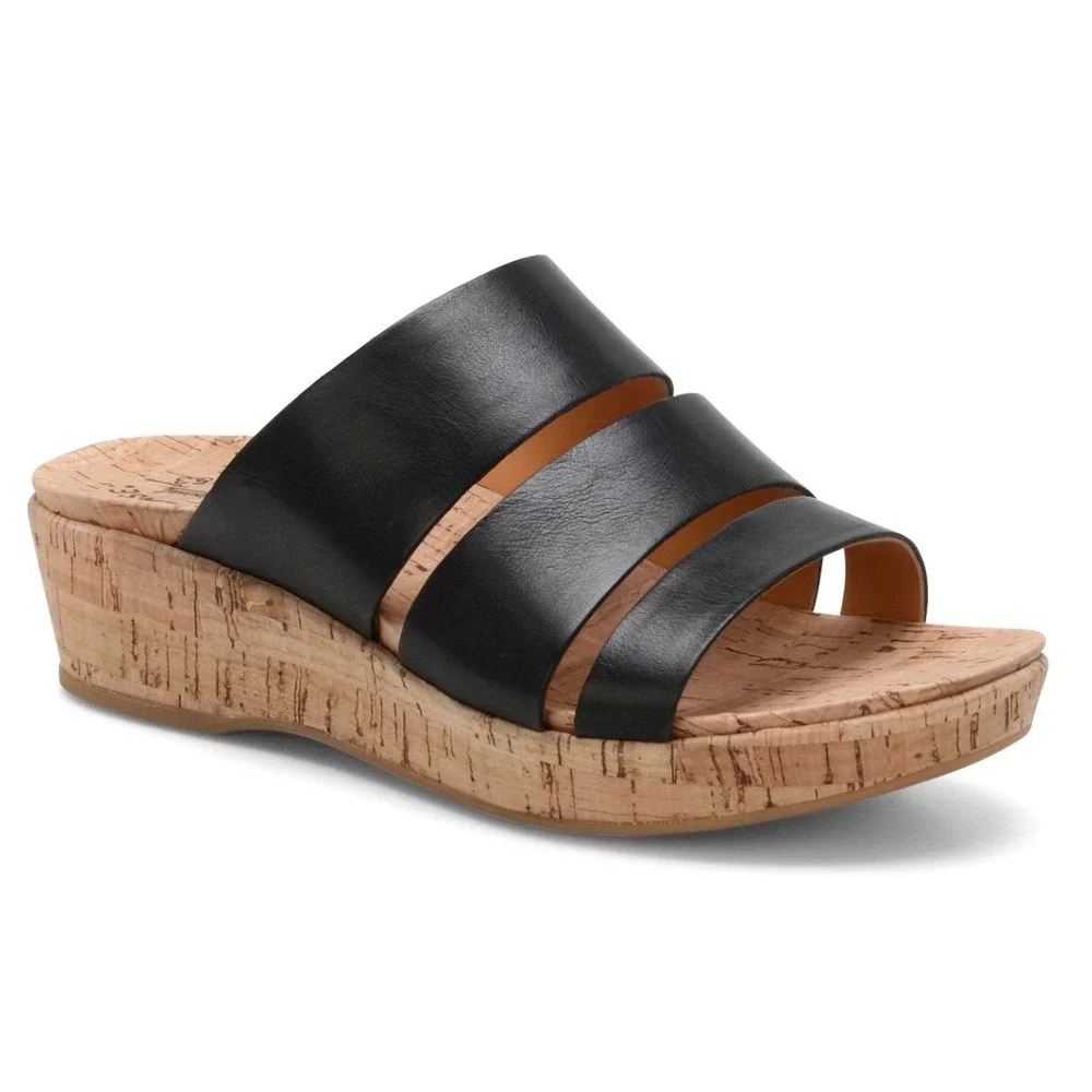 Kork-Ease Menzie Black Leather Cork Wedge Slide Sandals Womens Size 11 Comfort